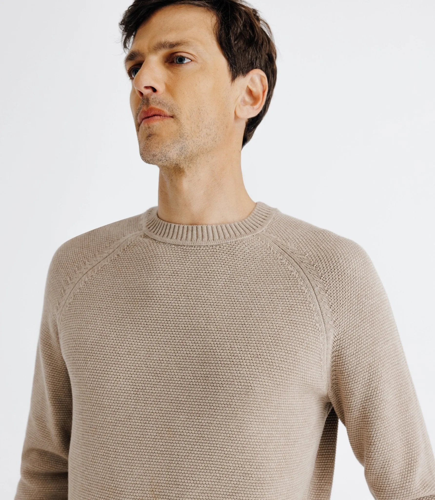 Pull col rond jeux de point beige